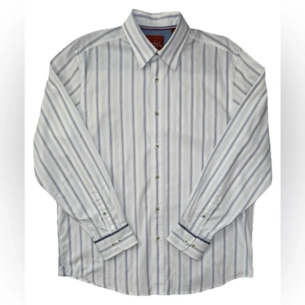 Tommy Bahama Jeans Flip Cuff Striped Button Up Shirt Men L Blue White Beach Camp - Picture 3 of 9